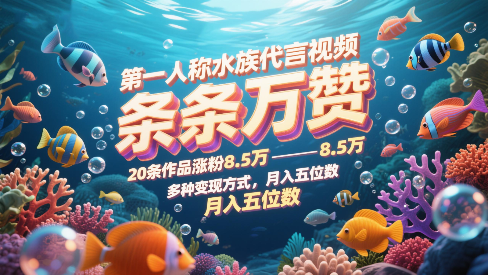 第一人称水族代言视频，条条万赞，20条作品涨粉8.5万，多种变现方式月，入五位数竹川轻创网-专注分享网络创业项目落地实操课程 – 全网首发_高质量创业项目输出竹川轻创网