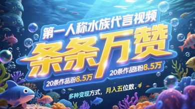 第一人称水族代言视频，条条万赞，20条作品涨粉7.8W，多种变现方式月入五位数竹川轻创网-专注分享网络创业项目落地实操课程 – 全网首发_高质量创业项目输出竹川轻创网