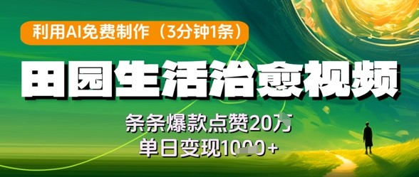 利用AI免费制作田园生活治愈视频，条条爆款点赞20W，单日变现几张竹川轻创网-专注分享网络创业项目落地实操课程 – 全网首发_高质量创业项目输出竹川轻创网